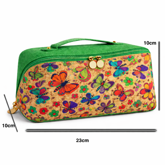 Cork Mary butterfly-patterned and green toiletry travel case with measurements