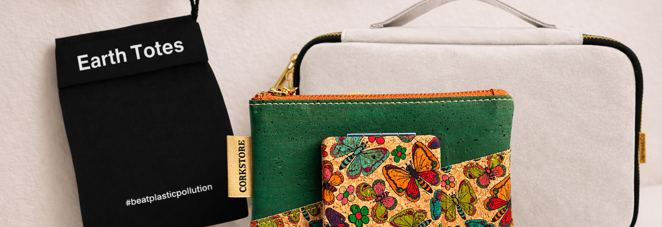 James&Co branded toiletries travel and cosmetics bags Earth Totes, CORKSTORE, James&Co