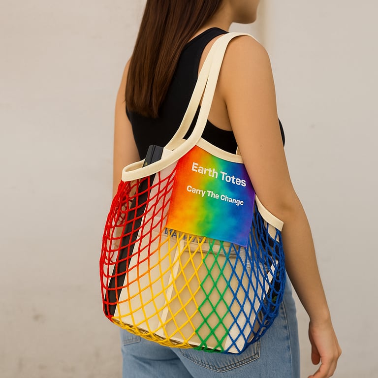 Woman carrying rainbow-colored mesh bag with 'Earth Totes' branding.