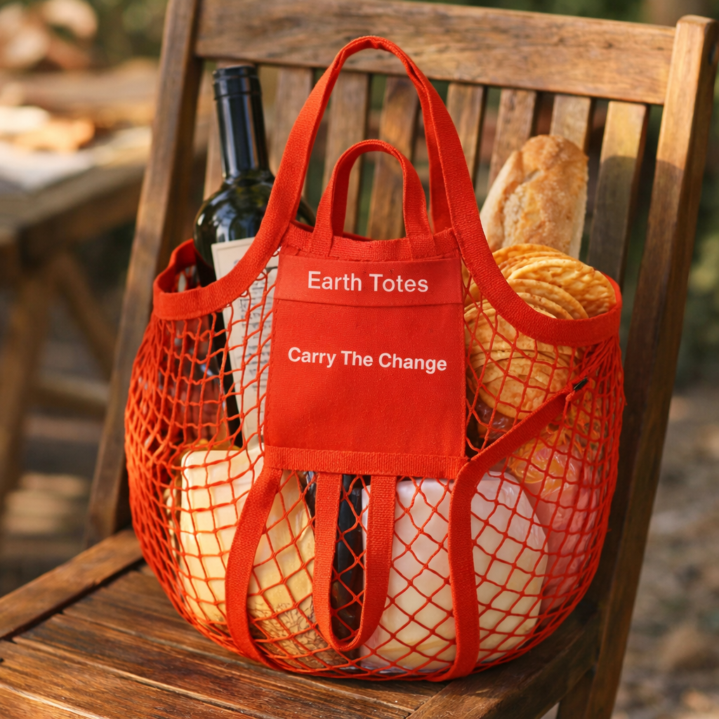 Red mesh tote bag CARA with groceries on a wooden chair, featuring 'Earth Totes Carry The Change' text.